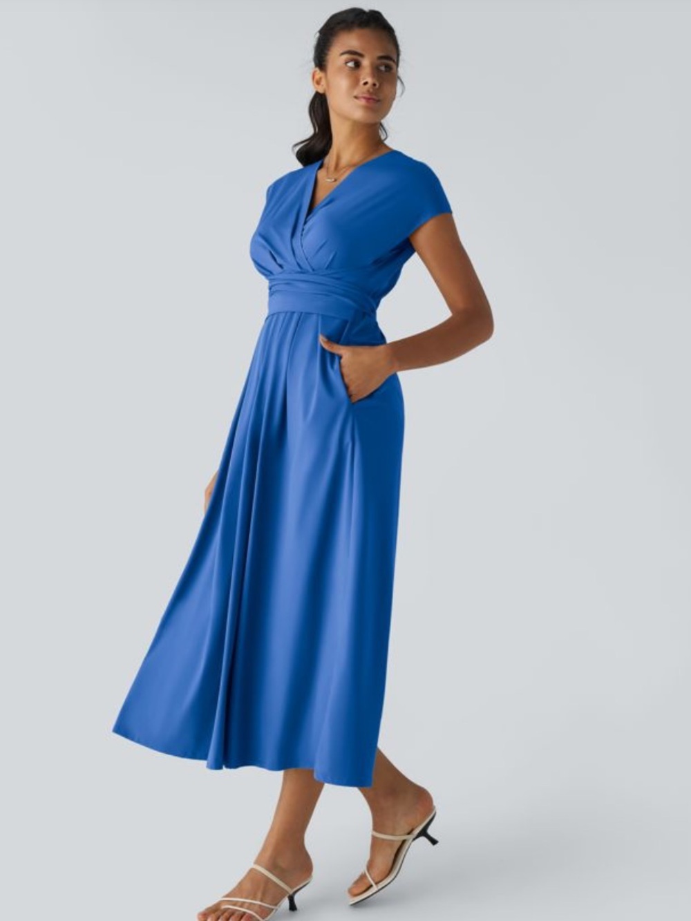 Halara Breezeful Nebulas Blue Pocket A-Line Tie Back Belt V-Neck Midi Dress L